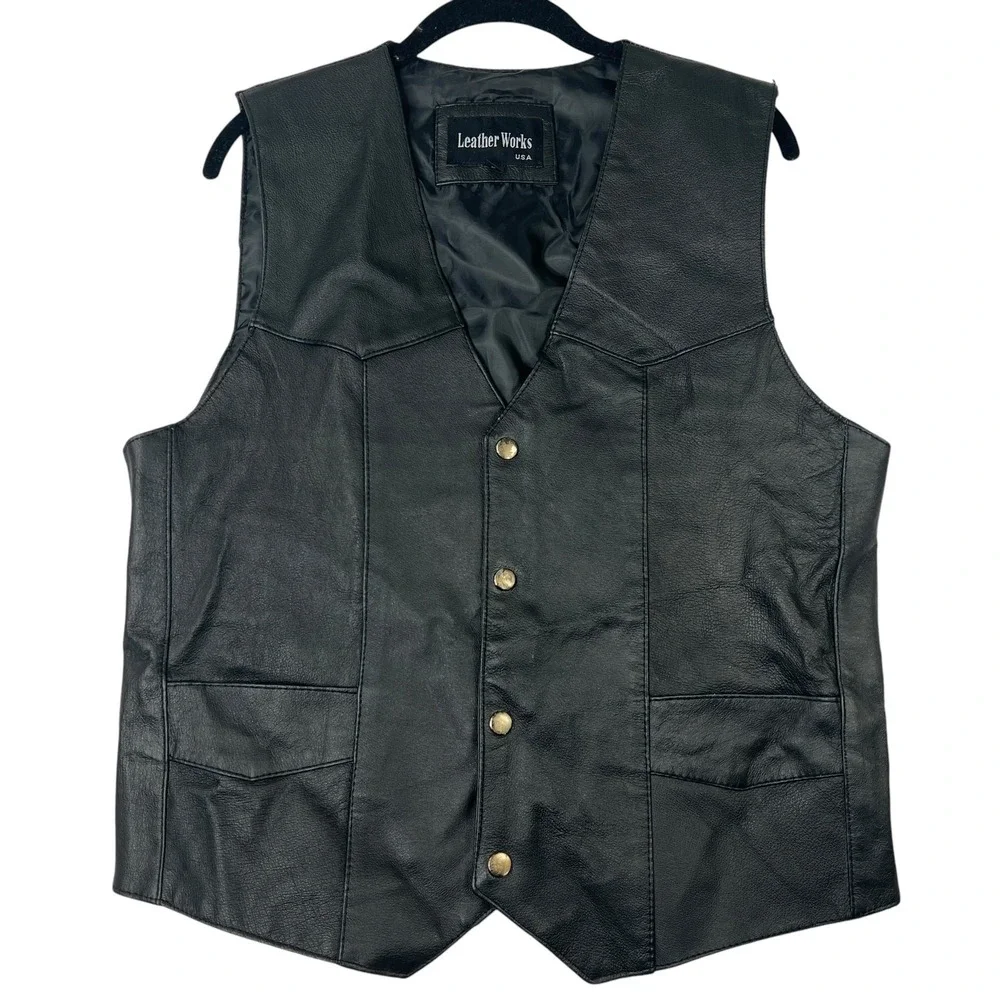 Leather Works USA Leather Vest Mens Biker Western Snap Front Black S Biker
